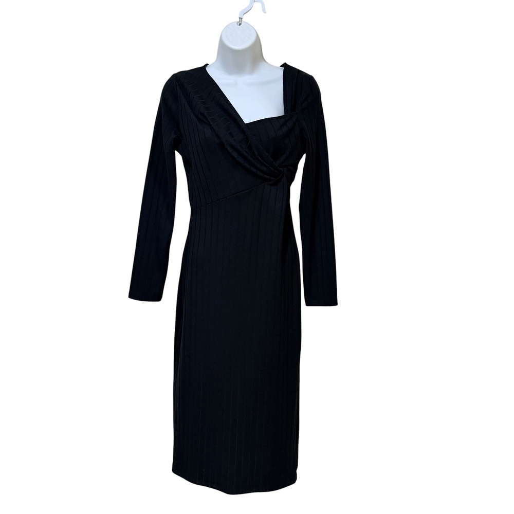 ASTR the Label Black Ribbed Asymmetrical Twist Midi Dress ADR100876-003 M